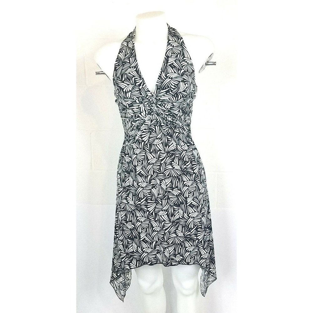 XOXO Halter Black White Geometric Dress Size Small Asymmetrical Hem Sleeveless